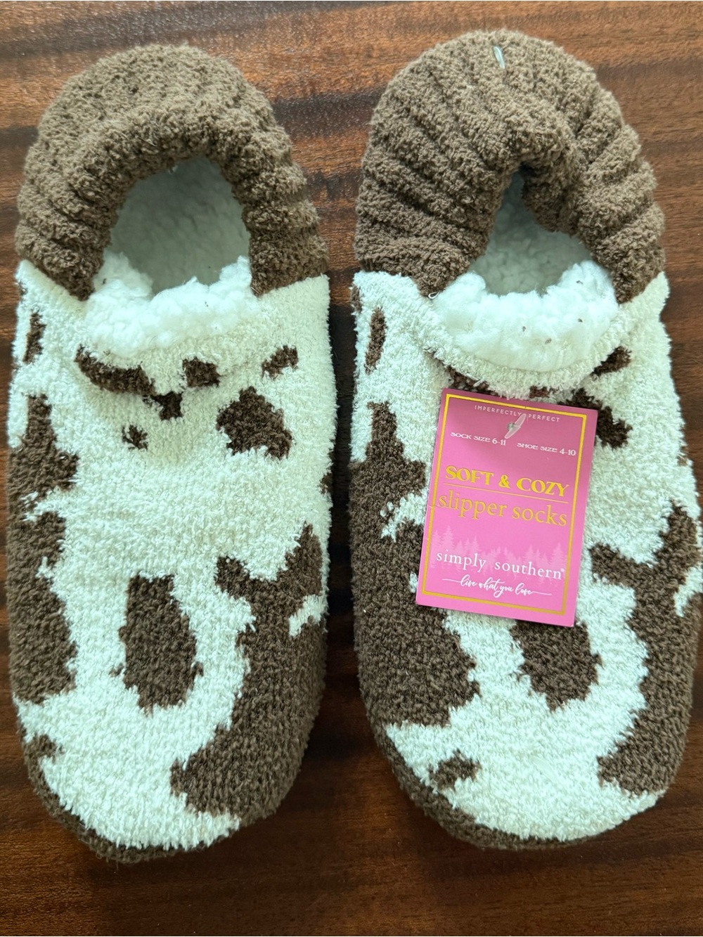 Simply Southern Brown and Cream Cowprint Soft Slipper Socks
